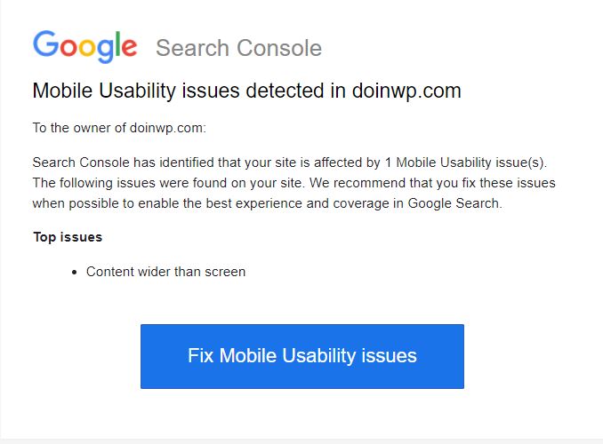 Mobile usability issues detected - Google Search Console notification