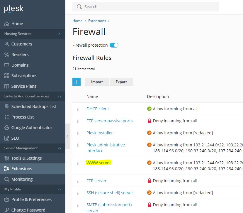 A screenshot of Plesk Firewall interface, showing that firewall rules has been configured