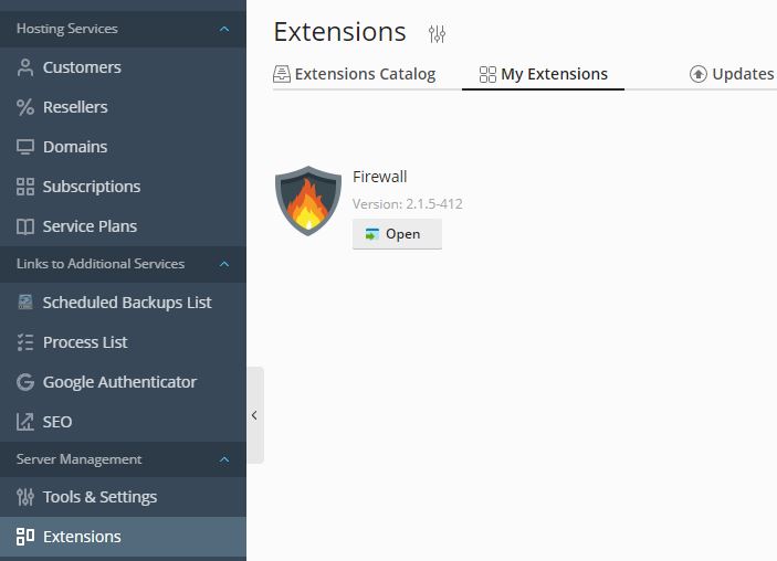 A screenshot of Plesk Extensions section, showing that Firewall extension has been installed and active.