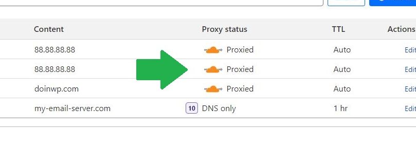 Screenshot of CloudFlare DNS section showing essential DNS records as proxied
