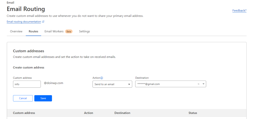 CloudFlare E-mail Routing - How to add an e-mail route.