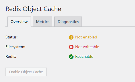 Redis Object Cache showing Filesystem: Not Writeable error